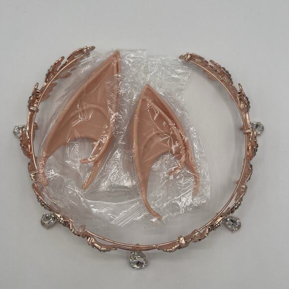 Rose Gold Elf Fairy Tiara Crown with Clear Gem & 4 Elf Ears Cosplay Hallowen - Picture 7 of 10